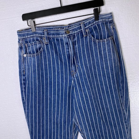 American Eagle 12 Striped High Rise Blue Mom Jeans - Picture 4 of 10
